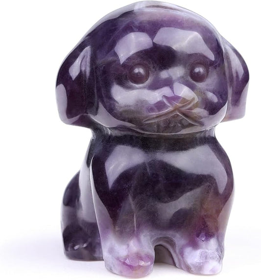 Jovivi Natural Amethyst Crystal Sitting Dog Statue Home Decor 1.6" Carved Gemstone Puppy Dog Figurines Pocket Sculpture Reiki Healing Stones Decorative Ornament Gift