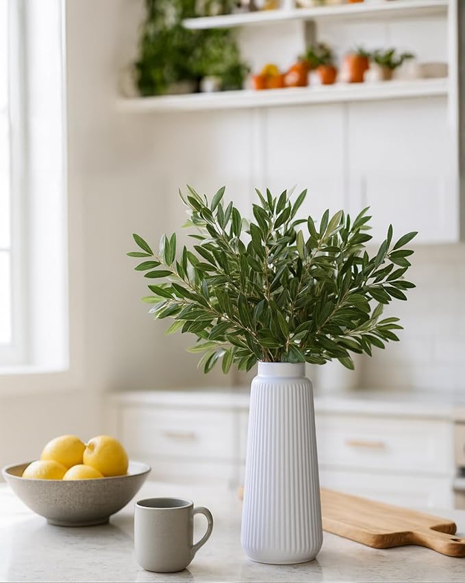 Matte White Ribbed Ceramic Vase – Modern Elegant Flower Vase for Pampas Grass, Fresh or Dried Flowers, Minimalist Farmhouse Home Decor for Living Room, Dining Table, Wedding Centerpiece