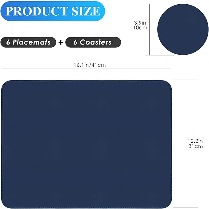Faux Leather Placemats Set of 6, Vinyl Placemats Heat Resistant Place Mats, Waterproof Oil-Proof Wipeable Dining Table Mats and Coasters for Kitchen, Indoor, Outdoor (Navy Blue)