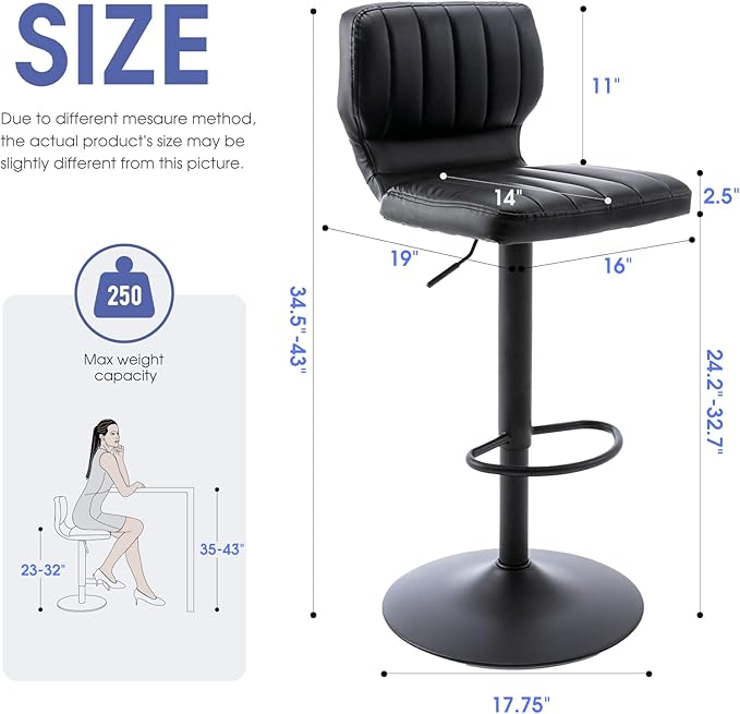 Brage Living Adjustable Bar Stools Set of 2, Modern PU Leather Swivel Barstools with Back, Armless Airlift Counter Height Bar Chairs for Kitchen Dining Pub Cafe (Black, Black Base)