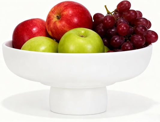Matte White Pedestal Bowl, 9.85in Resin Decorative Centerpiece for Coffee Table, Dining Table & Entryway, Modern Fruit Bowl, Key Catchall for Home Decor