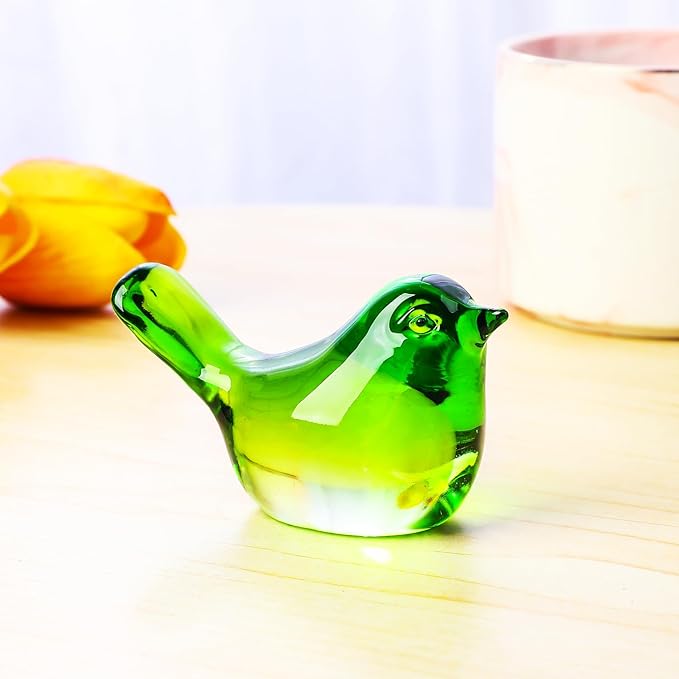 YWHL Handmade Crystal Green Bird Figurines, Animals Gifts for Birds Lovers Women Men, Art Glass Birds Collectible for Home Decor, Desk Table Home Office Decoration