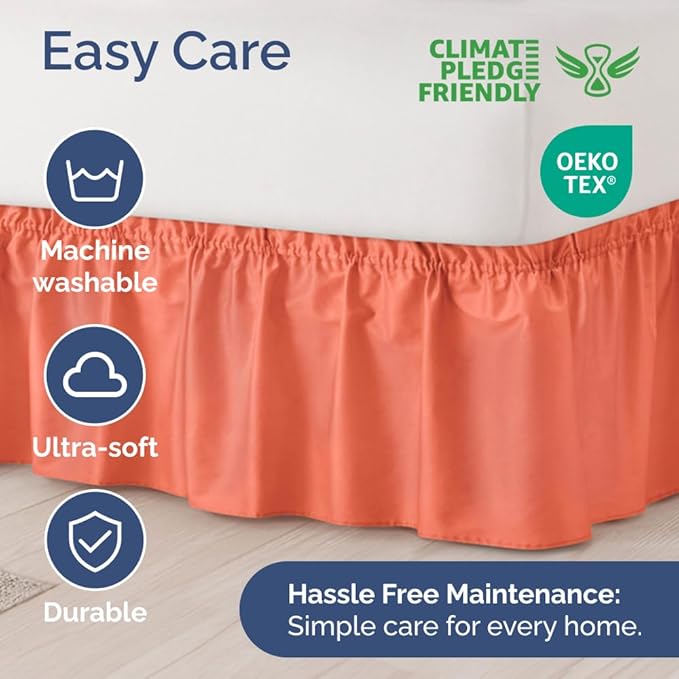Wrap Around Dust Ruffle Bed Skirt - Coral - for Full Size Beds with 15 Inch Drop - Easy Fit Elastic Strap - Adjustable Pleated Bedskirt w/Brushed Fabric - Wrinkle Free - for Women, Men, Kids & Teens