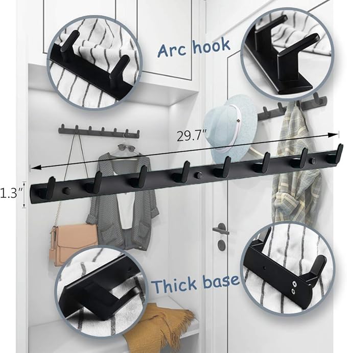 Wall Mounted Coat Racks with 8 Hooks Hanging Holder Towel Rack 29.7"x1.3" Modern Black Hanging for Clothes Entryway Bathroom (8 Hooks(2 Packs))