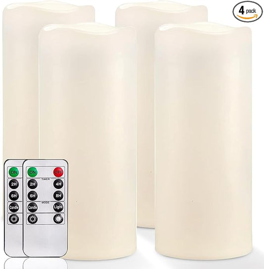 Homemory 10" x 4" Large Waterproof Outdoor Flameless Candles with Remote Control and Timer, Battery Operated Flickering LED Pillar Candles for Outdoor Larterns, Porch, Long Lasting, Set of 4