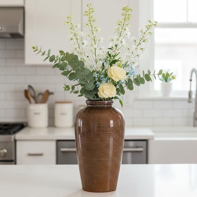 Rustic Farmhouse Ceramic Vase - 11 Inch Large Brown Pottery Vases Home Decor, Glazed Textured Decorative Vase for Pampas Grass, Console, Entryway Table Decor, Mantle, Kitchen Centerpieces