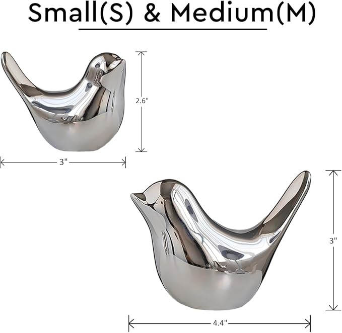 Silver Bird Statue Set – Small and Large, Modern Tabletop Sculptures for Living Room, Mantel, Shelf, Console Table, Entryway, Fireplace, Bedroom, Contemporary Silver Home Decorations