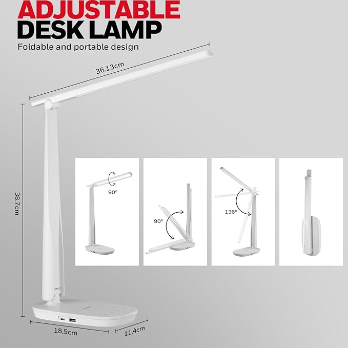 Honeywell LED Desk Lamp - HWT-H2 Sunturalux™ Eye-Caring Foldable Desk Light with USB A+C Dual Charging Port 4 Color Modes Dimmable Table Lamp for Home Office Bedroom Reading Study Work - White