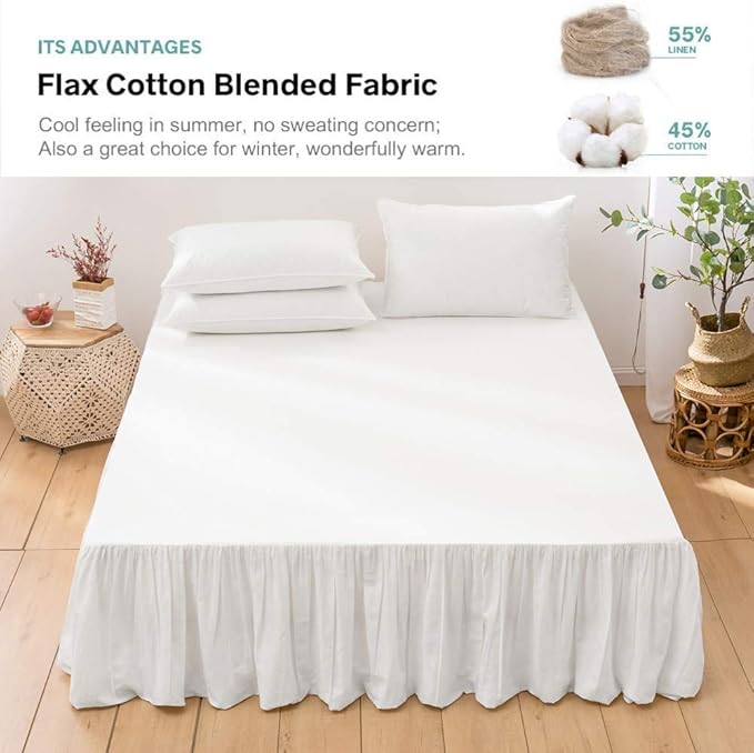 BISELINA French Linen Bed Skirt with Pleated Frills 14-Inch Tailored Drop Natural Flax Cotton Blend Dust Ruffle Soft Cozy Farmhouse Bedding (14" Full, White)