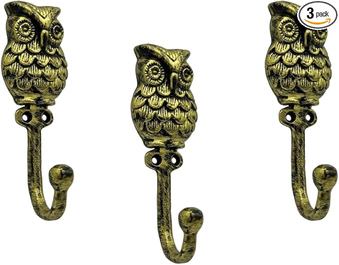 Set of 3 Cast Iron OWL Shape Coat Hooks Wall Art Decor-OWL Shape Hangers and Key Holder-Clothes Rack and Backpack Hanger-Coat Hooks Home Decor for Storage,Living Room (Brass Antique)