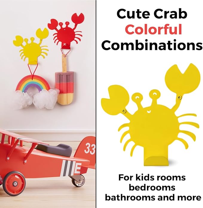 Cute Crab Wall Hook – Heavy-Duty Metal Hook for Hanging Coats, Backpacks, Towels & More – Fun Kids’ Wall Hooks for Bedroom, Playroom, Nursery & Bathroom – Decorative & Durable (Yellow)