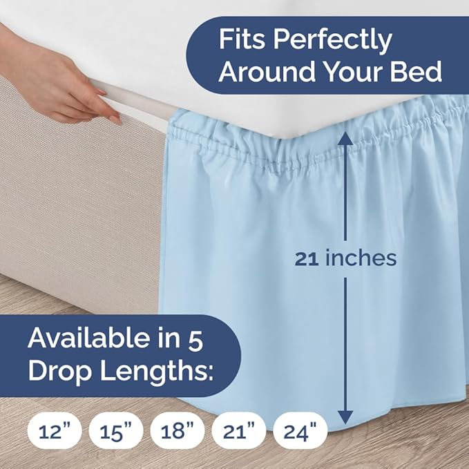 Wrap Around Dust Ruffle Bed Skirt - Light Blue - for King Size Beds with 21 Inch Drop - Elastic Strap - Adjustable Pleated Bedskirt with Brushed Fabric and Wrinkle Free - for Women, Men, Kids & Teens