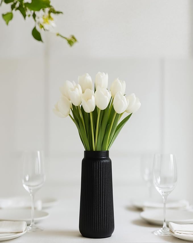 Black Ribbed Ceramic Vase – Textured Flower Vase for Pampas Grass, Fresh or Dried Flowers, Modern Cylinder Minimalist Home Decor for Living Room, Dining Table, Wedding Centerpiece
