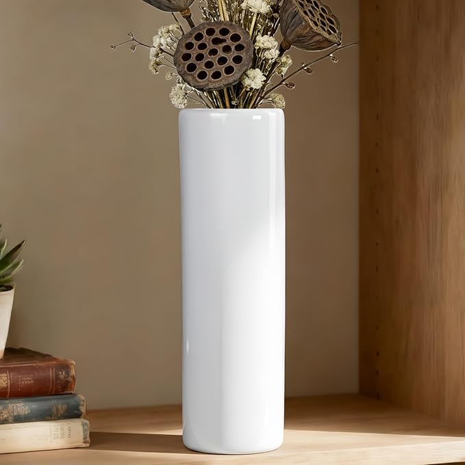 12 Inch White Vase Ceramic Flower Vase, Tall Vases for Pampas Grass, Home Decor, Modern Textured Vases for Living Room Decorations,Table Centerpieces,Shelf,Farmhouse Small Ceramic Vase