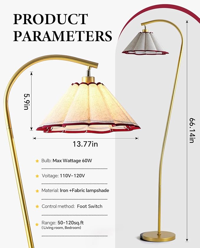 Omlaamy Floor Lamp with Pleated Linen Lampshade, Modern Flower Floor Lamp for Living Room Arc Standing Lamp, Gold Tall Lamp for Bedroom Office Dining Room, Bulb Included (Gold + Red, 65IN)