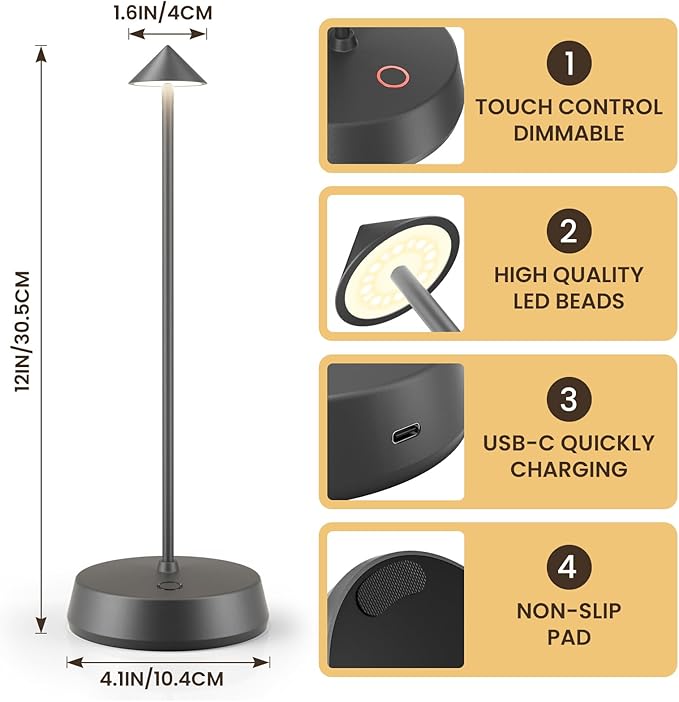Cordless Table Lamps Rechargeable, 6000mAh LED Battery Operated Desk Lamp, Portable Outdoor Waterproof Touch Stepless Dimmable Wireless Table Light for Dining Restaurant Home Patio (Grey-2PC)
