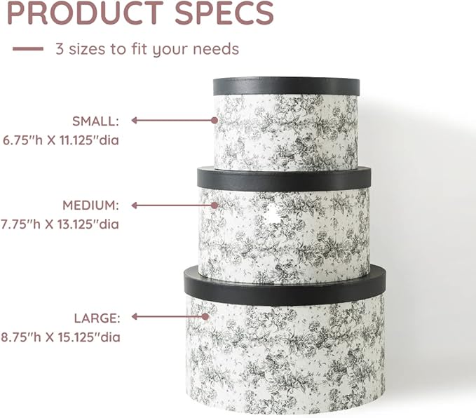Soul & Lane Floral Hat Round Boxes with Lids, Set of 3 Nesting Cardboard Hat Storage, Large Black Print Cases, Stacking Round Decorative Keepsake Boxes for Organizing