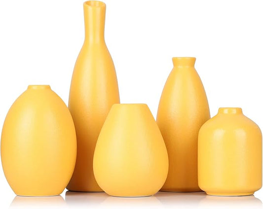 Yellow Ceramic Bud Vases Set of 5, Farmhouse & Fireplace Decor, Multipurpose Home Decoration for Living Room, Entrance, Bathroom, Kitchen & Office, Coffee Table Decor, Bulk Bud Vases