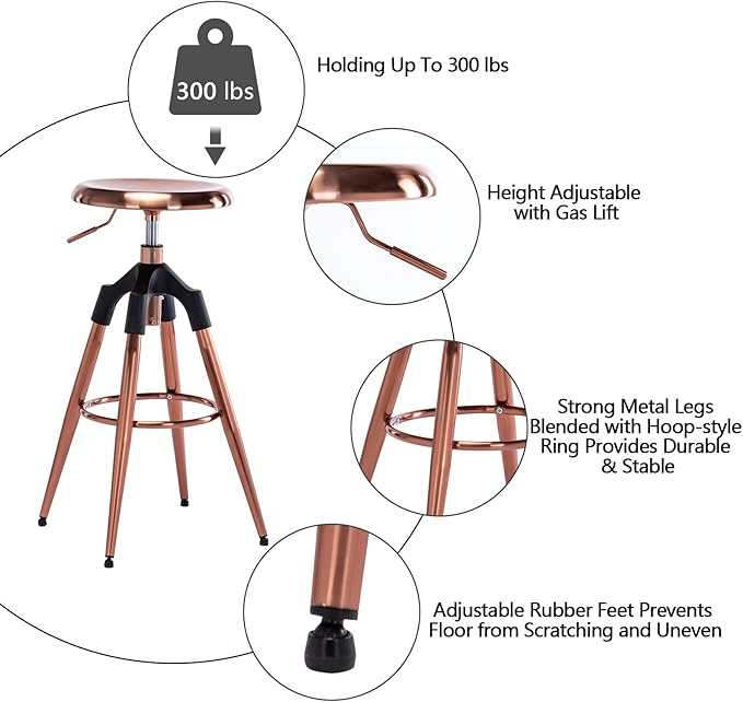Adjustable Backless Swivel Bar Stools,Counter Height Round Metal Bar Chair, Kitchen Dining Chairs,Rose Gold