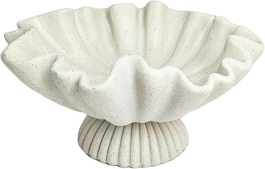 Scalloped Ruffle Decorative Bowl for Home Decor - Large Resin Pedestal Bowl - 10" Key and Purse Bowls for Entryway Table, Artificial Coastal Decor Light Beige