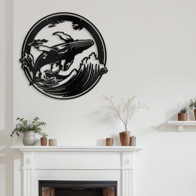 SIGNLEADER Metal Wall Art Decor Whale on Waves Minimalist Modern Abstract Wall Sculpture Hangings Home Decoration for Living Room, Bedroom, Bathroom, Kitchen, Outdoor - 18" Black
