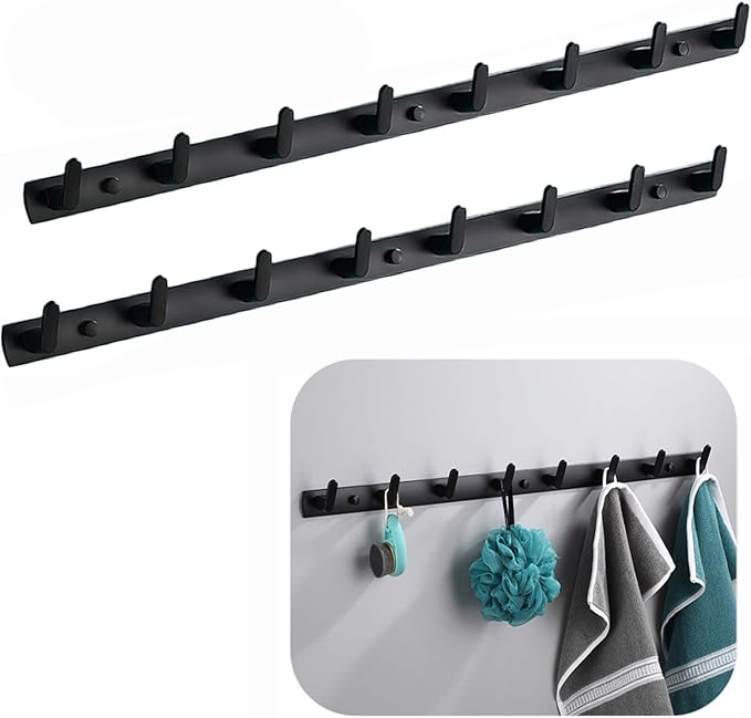 Wall Mounted Coat Racks with 8 Hooks Hanging Holder Towel Rack 29.7"x1.3" Modern Black Hanging for Clothes Entryway Bathroom (8 Hooks(2 Packs))