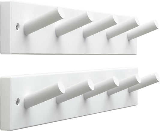 SKOLOO Wooden Wall Mounted Coat Rack,16'' Hole to Hole, 5 Pegs Bamboo Wall Hook for Hanging Clothes Robes Towels Hats,White