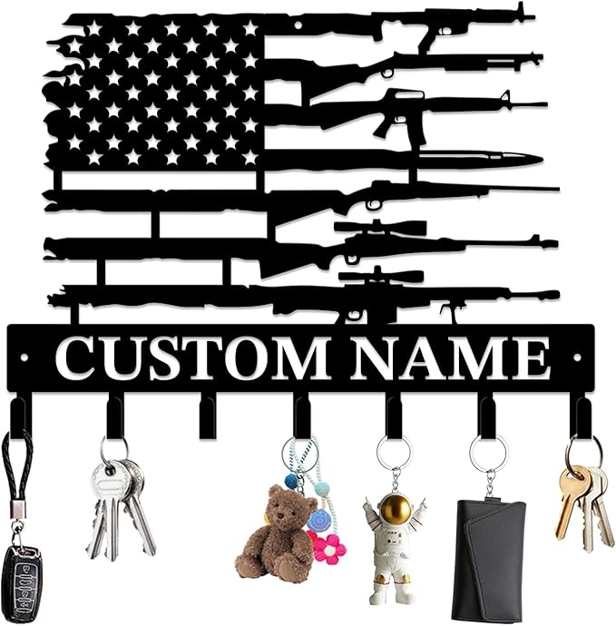 Personalized Custom Name Gun Wall Hooks,Metal Gun Room Art Clothes Hooks,Metal Gun Wall Home Storage Decorative,For Front Door, Hallway, Kitchen, Bedroom,Keys,Hats (Style F)