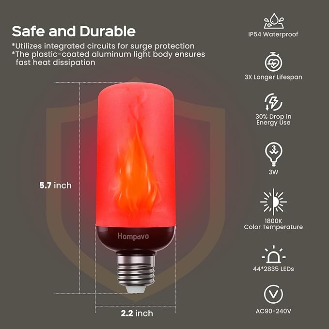 Hompavo Gen2 LED Flame Light Bulbs, Like Real Fire 4-Mode Flickering Light Bulbs with Upside Down Effect, E26 Flame Bulb for Halloween Christmas Party Patio Porch Home Indoor & Outdoor Decorations, 2