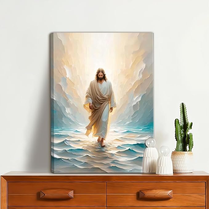 Jesus Walking on Water Canvas Wall Art Religious Christian Bible Stories Poster Oil Painting Wall Decor Religious Savior Pictures Aesthetic for Living Prayer Room Church Bedroom 12x16 in Framed