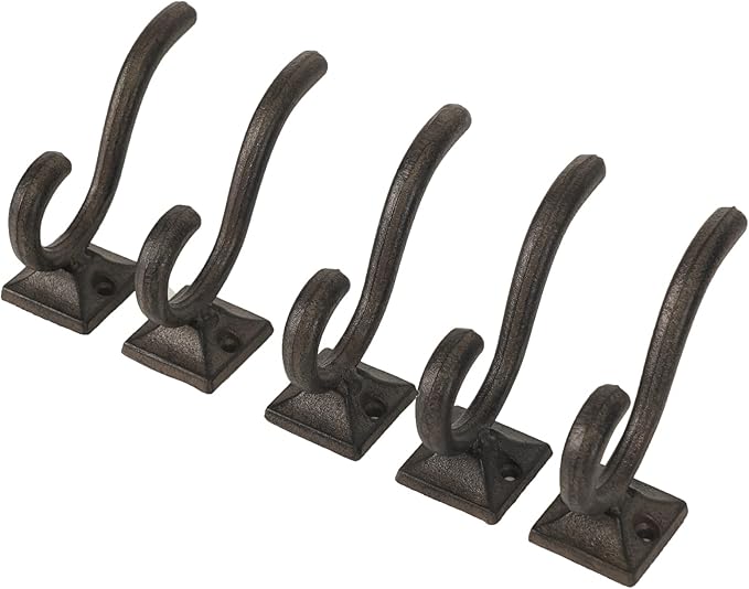 Ambipolar 5-Pack Antique Black Wall Hooks, Vintage Modern Farmhouse Style, Decorative Cast Iron Wall-Mounted Hooks, Heavy Duty Hooks for Mudroom, Bedroom, Hallway