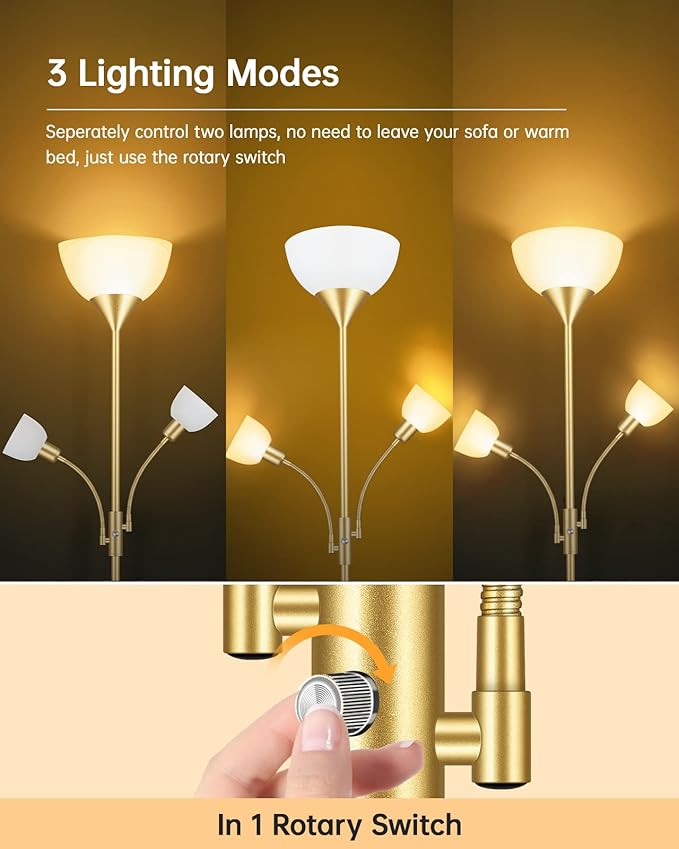 Floor Lamps for Living Room Gold, Standing Lamp, 71" Tall Lamp with 3 Lights, Modern Torchiere Tree Floor Lamp, Rotary Switch, Bright Corner Floor Lamp for Bedroom/Office/Den(E26 Base, No Bulb)