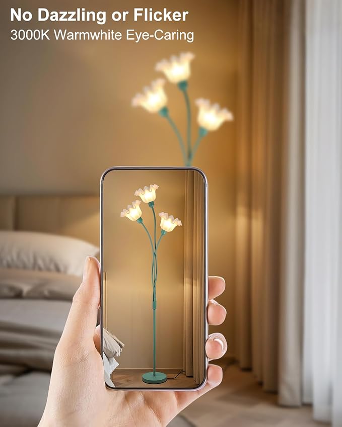 ACOHOOK Flower Floor Lamp for Living Room, Modern Tree Floor Lamp with Adjustable Heads, 3 Light 3000K Soft Warmwhite Mid Century Standing Tall Lamp for Bedroom Kids Room-Green