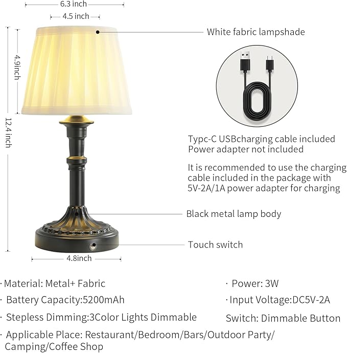 Cordless Table Lamp,Portable Fabric Shade LED Des Lamps,5200mAh Battery Operated,3 Color Stepless Dimming Up,for Restaurant, Bedroom, Camping, Bar, Coffee Shop, Night Light (Black)
