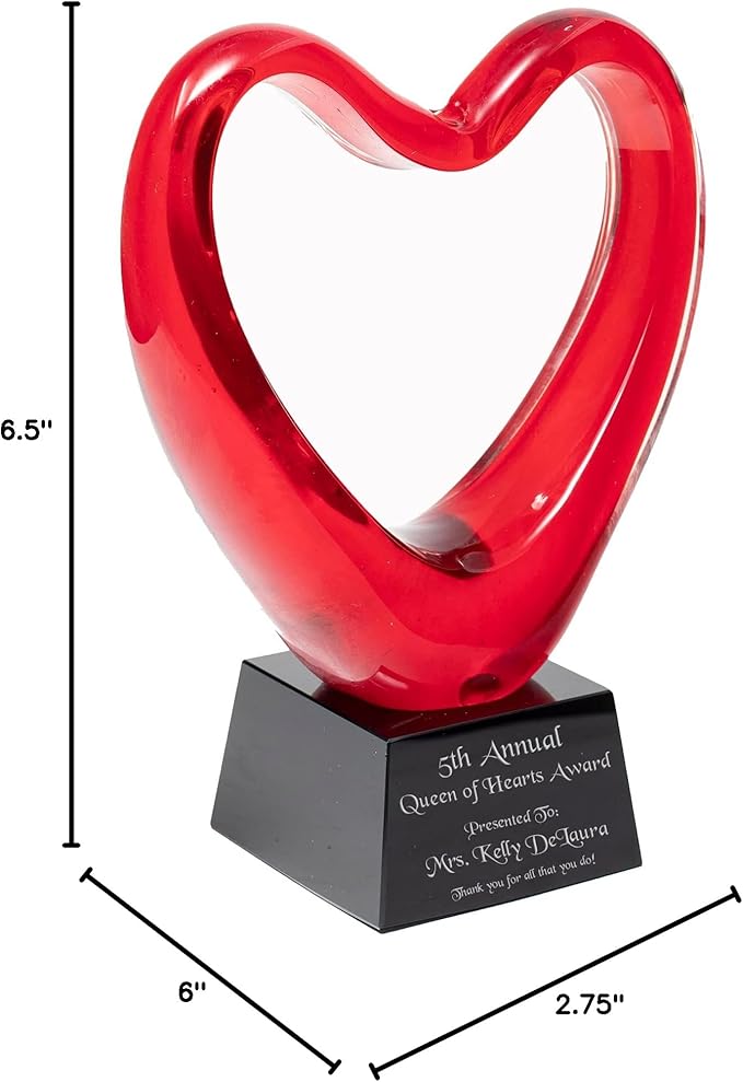 Personalized 6.5" Red Glass Heart Award, Custom Engraved Decorative Heart-Shaped Glass Award Statue for Appreciation, Recognition, Grattitude