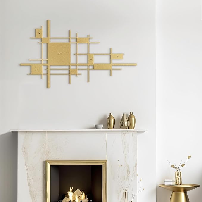 SIGNLEADER Metal Wall Decor Mondrian Geometric Minimalist Modern Luxury Wall Sculpture Hangings 3D Statue Home Decoration for Living Room, Bedroom, Bathroom, Kitchen, Fireplace, Office - 24" Gold