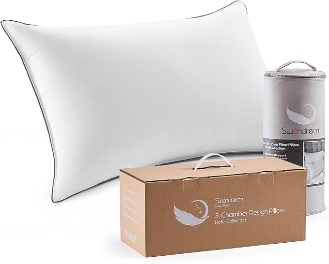 Swandream Goose Feather Down Fiber Standard Pillow Single Pack, Luxury 3-Chamber Pillows with Soft & Down-Proof Cover, Fluffy Plush Hotel Bed Pillows for Side, Back & Stomach Sleepers, 20"x26"