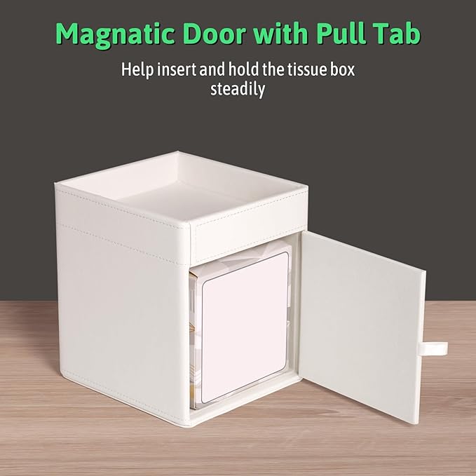 Tissue Box Cover, PU Leather Square Tissue Box Holder with Upper Storage Tray for Bathroom/Countertop/Nightstand/Office Table - White