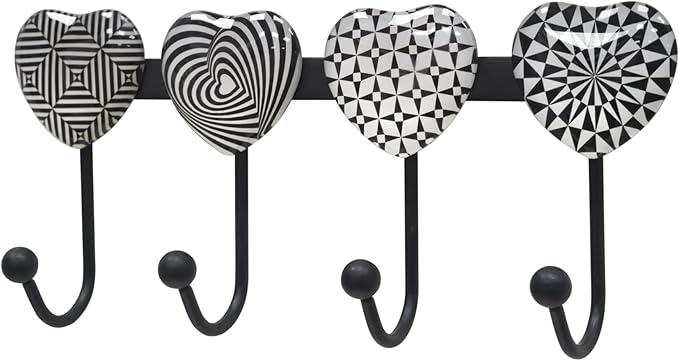 Coat Rack Wall Mounted with 4 Hooks, Heart Geometric Pattern Decorative Wall Hooks for Hanging Hat, Key, Towel, Purse, Bag and Robe, for Entryway, Bathroom, Hall Organizer Hanger Rack - Metal