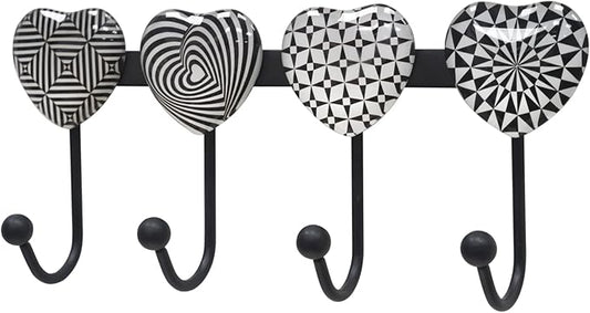 Coat Rack Wall Mounted with 4 Hooks, Heart Geometric Pattern Decorative Wall Hooks for Hanging Hat, Key, Towel, Purse, Bag and Robe, for Entryway, Bathroom, Hall Organizer Hanger Rack - Metal