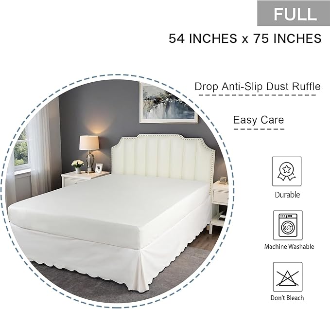 HIG Off-White Chic Full Bed Skirt - Easy Fit Scallop Edge Pleated Bedskirts, 14 Inch Drop Anti-Slip Dust Ruffle, Thick Fabric for Enhanced Privacy, Pre-Washed for Long-Lasting Use(N60022)