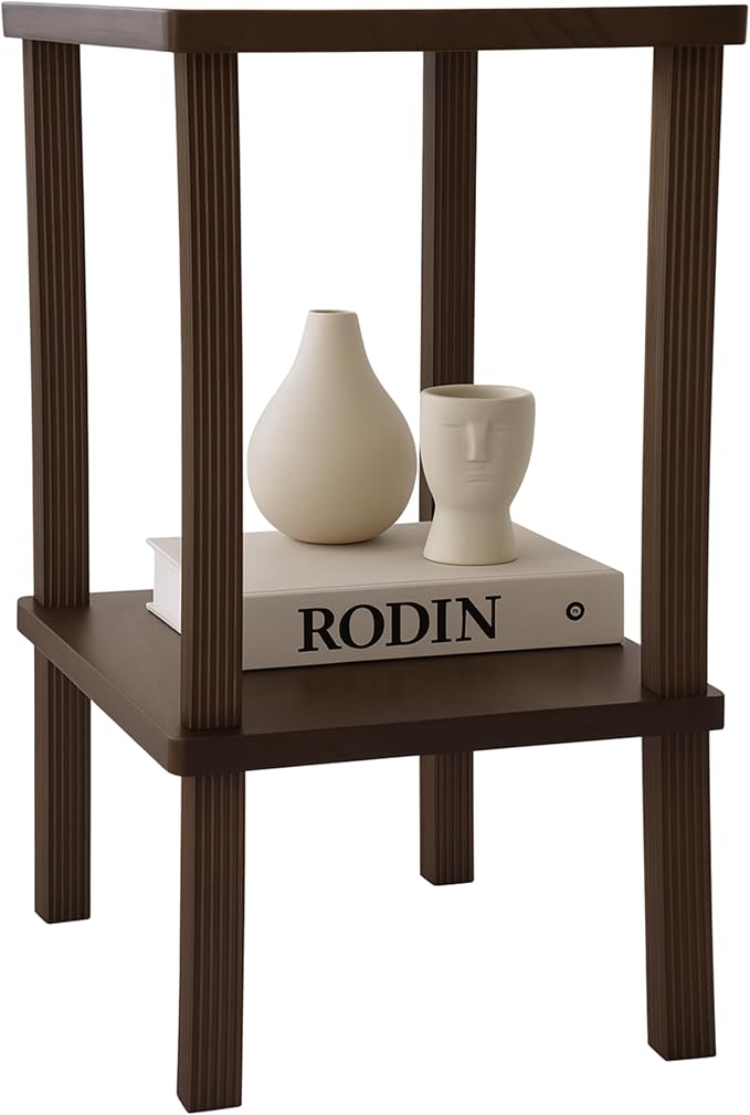Retrograde Nightstand Side Table with Fluted Legs and Real Wood, for Night Stand, End Tables Living Room, Plant Stand Indoor, Nursery, Narrow Furniture, 2-Tiers, Easy Assembly, Dark Brown