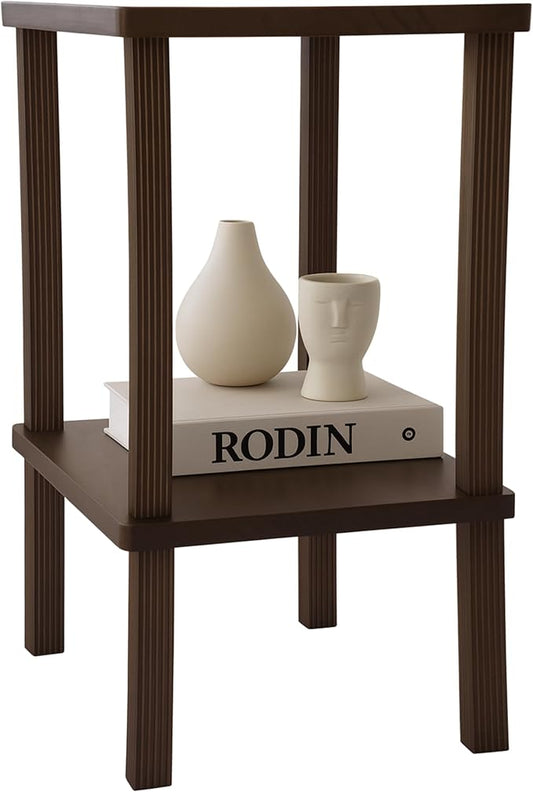 Retrograde Nightstand Side Table with Fluted Legs and Real Wood, for Night Stand, End Tables Living Room, Plant Stand Indoor, Nursery, Narrow Furniture, 2-Tiers, Easy Assembly, Dark Brown