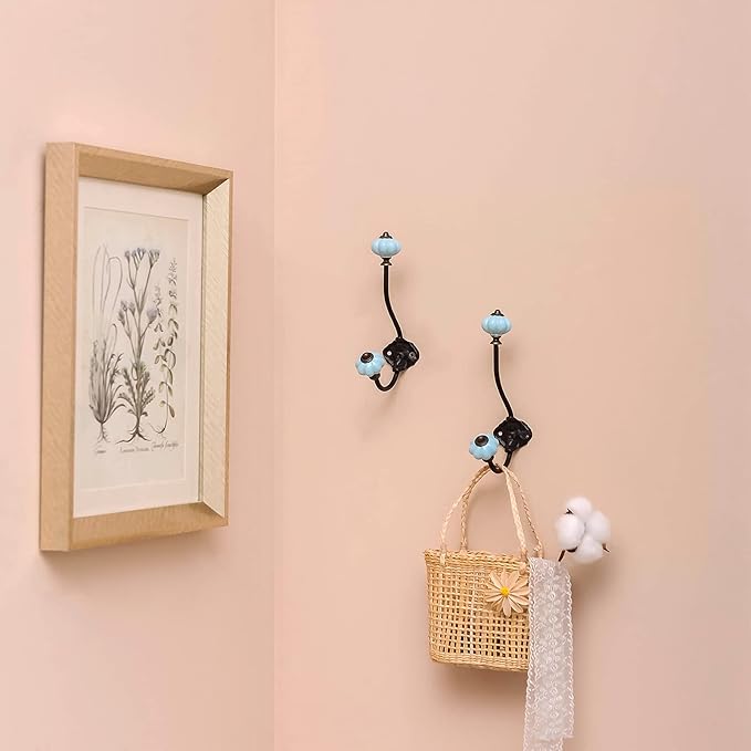 NIKKY HOME Wall Hooks Decorative 2 Pack Hanging Rustic Vintage Pumpkin Metal Iron Ceramic Antique Mounted Wall Hook for Towels Coat Bag Scarf Cap Hat Key for Farmhouse Mudroom Closet Bathroom, Blue