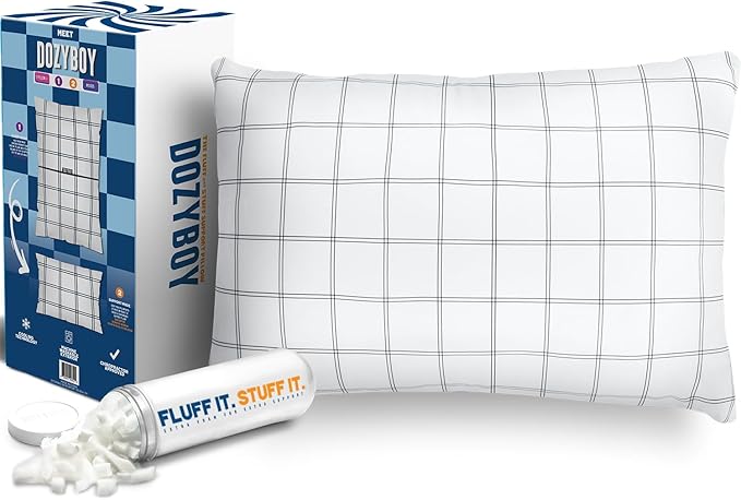 DozyBoy Fluff and Stuff Comfort Pillow | Queen Size Memory Foam Pillows, Chiropractor Designed and Approved 2-in-1 Back Support and Bed Pillows | Fully Adjustable Pillow (Checker, Queen (Pack of 1))