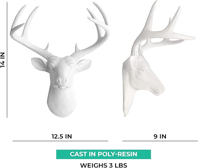 Wallcharmers White Deer Head Wall Decor, Handmade Faux Deer Head, Made of Eco-Friendly Resin Great for Farmhouse Decor, White