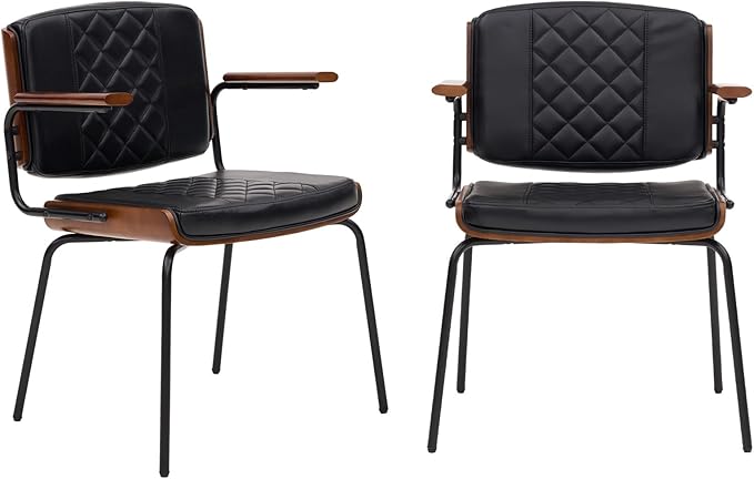iMenting Upholstered Dining Chair with Arms Modern Kitchen & Dining Room Chair Set 2 Leather Dining Chair for Dining Table Leather Chair Set of 2 for Kitchen Living Room, Black with Black Leg