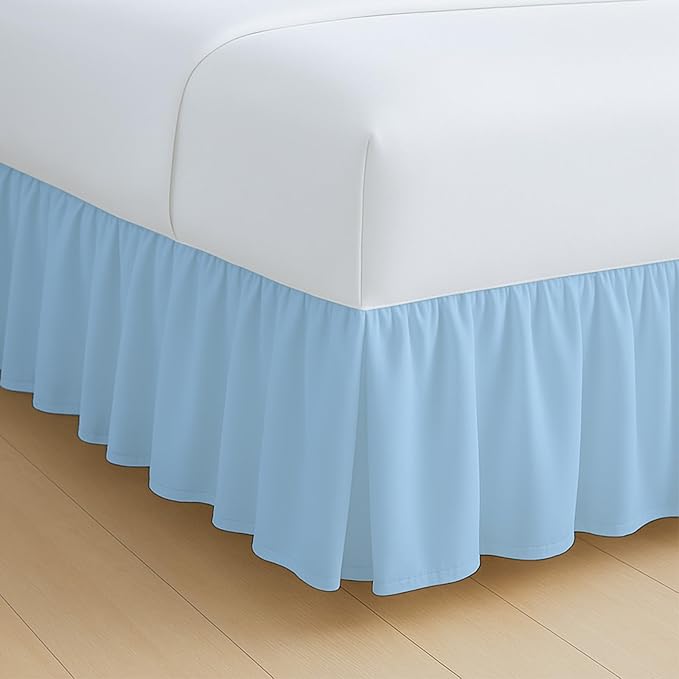 Rajlinen Ruffled Bed Skirt Twin, 24 Inch Drop Dust Ruffle with Split Corners, 100% Microfiber Bedskirt with Platform, Three-Sided Coverage Ruffled Gathering Design, Light Blue