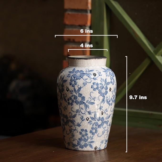 Vintage Blue and White Vase Porcelain Flower Vase Ceramic for Home Decor Rustic 9.7" H