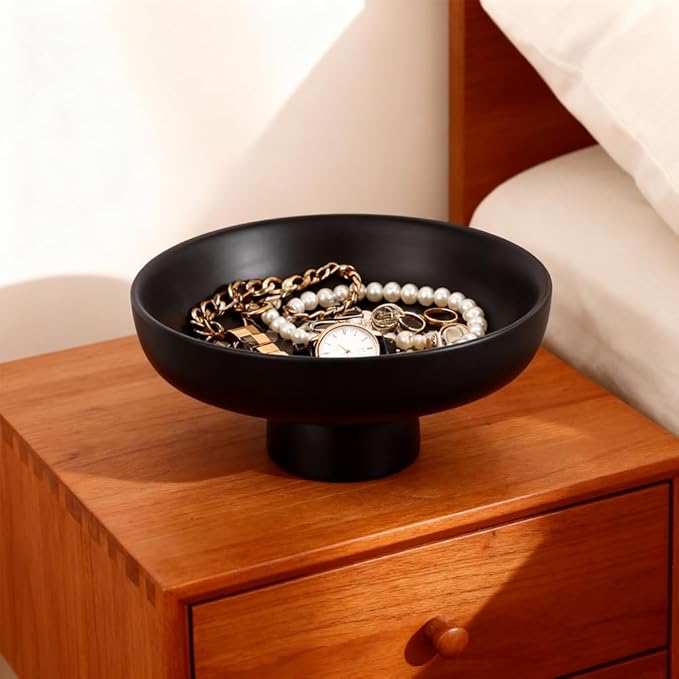 Matte Black Pedestal Bowl, Black Decorative Bowl Centerpiece for Coffee Table, Dining Table & Entryway, Modern Fruit Bowl, Black Key Bowl, Pedestal Bowl for Decorative Fruit